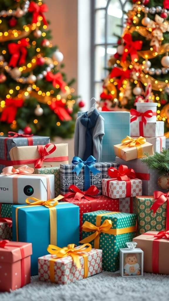A festive assortment of Christmas gifts in colorful wrapping, surrounded by holiday decorations.